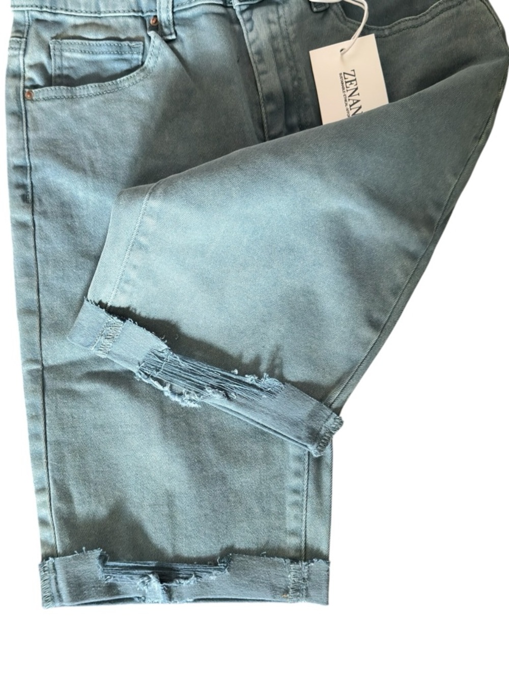 Zenana Sage Green Distressed Bermuda Shorts High Waisted Denim Cuffed NWT Small - Picture 4 of 5